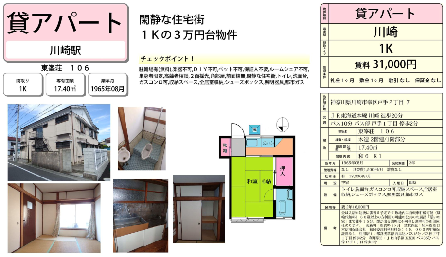 閑静太住宅街1Kの3万円台物件